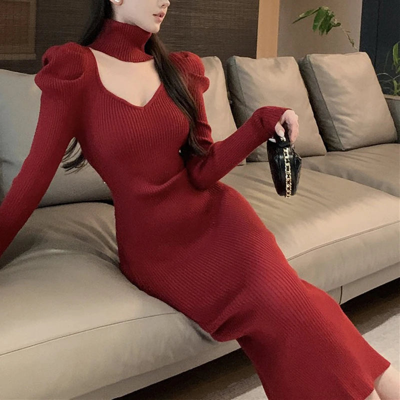 V-Neck Wrap Bodycon Maxi Sweater Dress