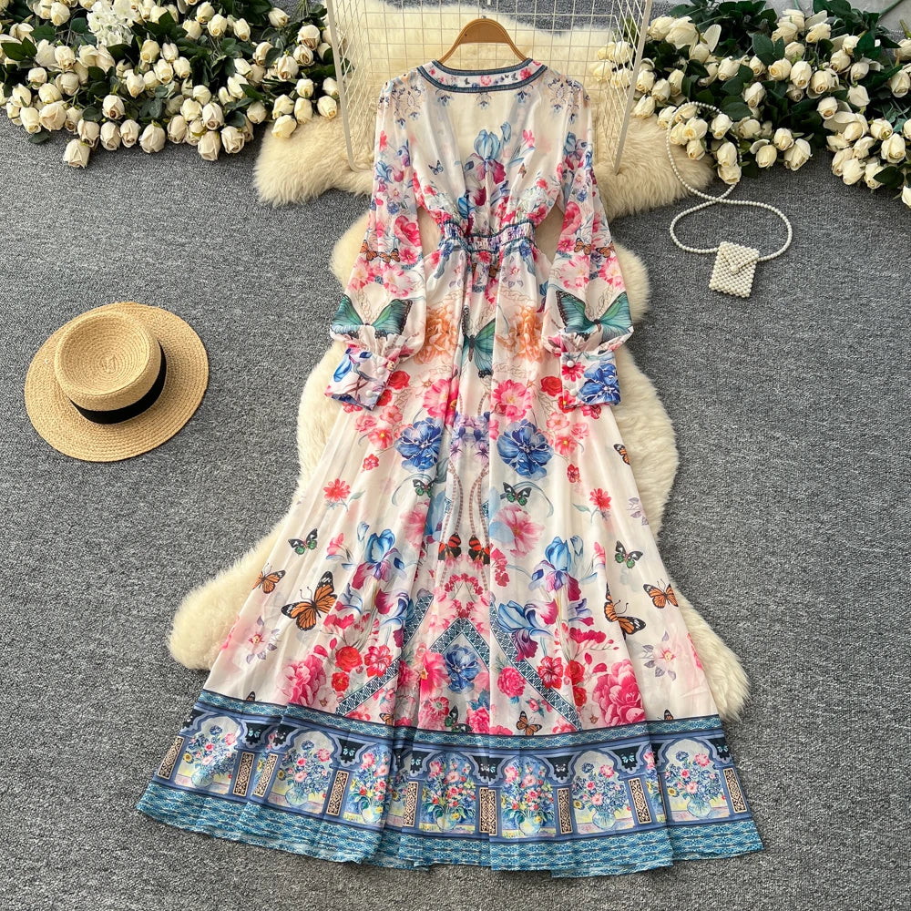 Split V-Neck Print Party Dress