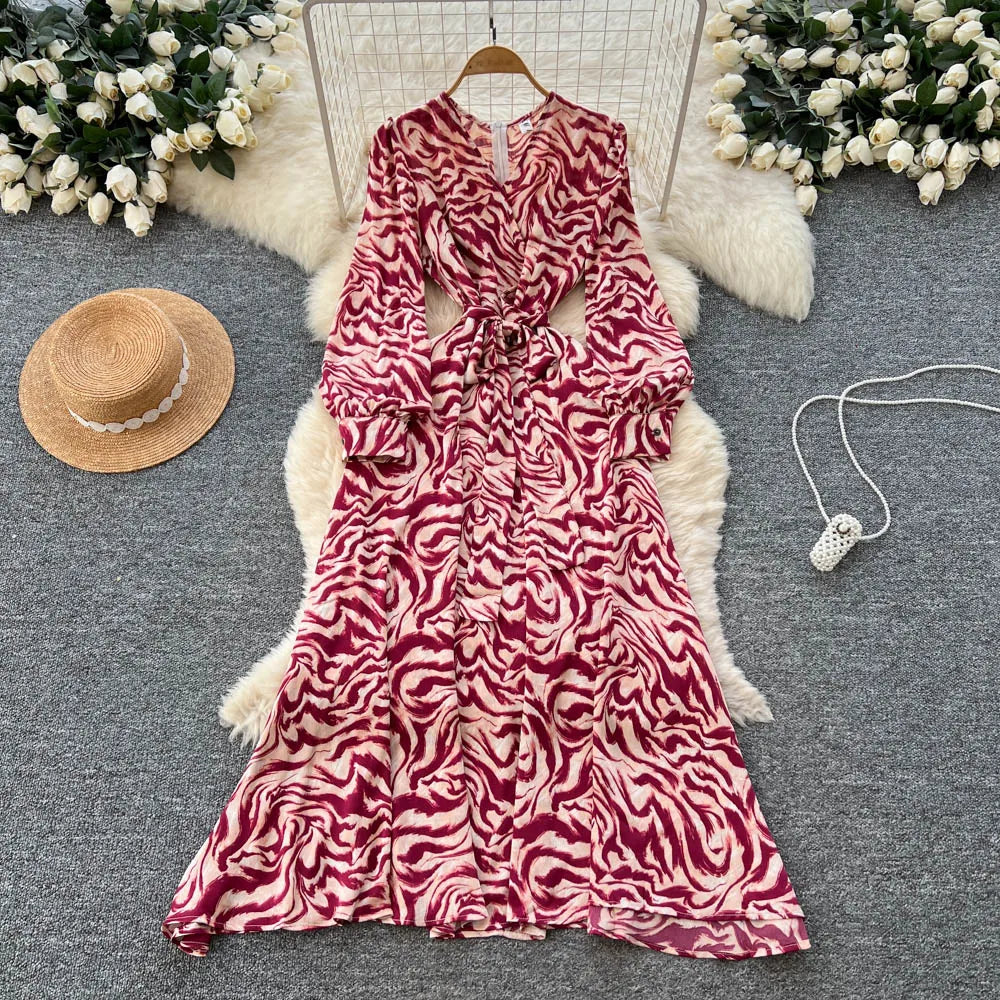 Print Long Sleeve V-Neck Party Dress