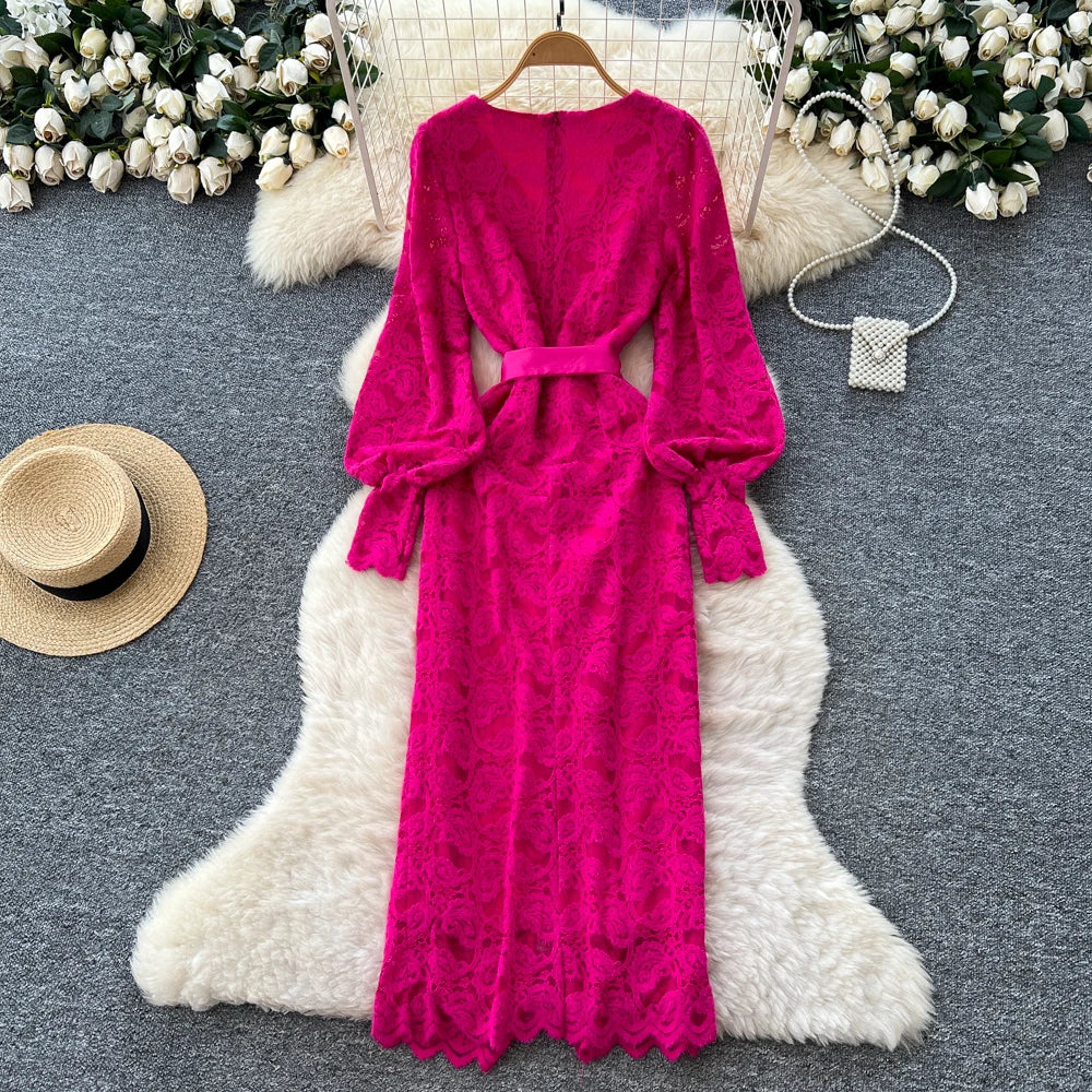 Split V-Neck Lantern Sleeve Dress