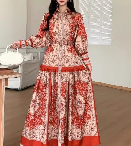 Print Single Breasted Puff Sleeve Dress
