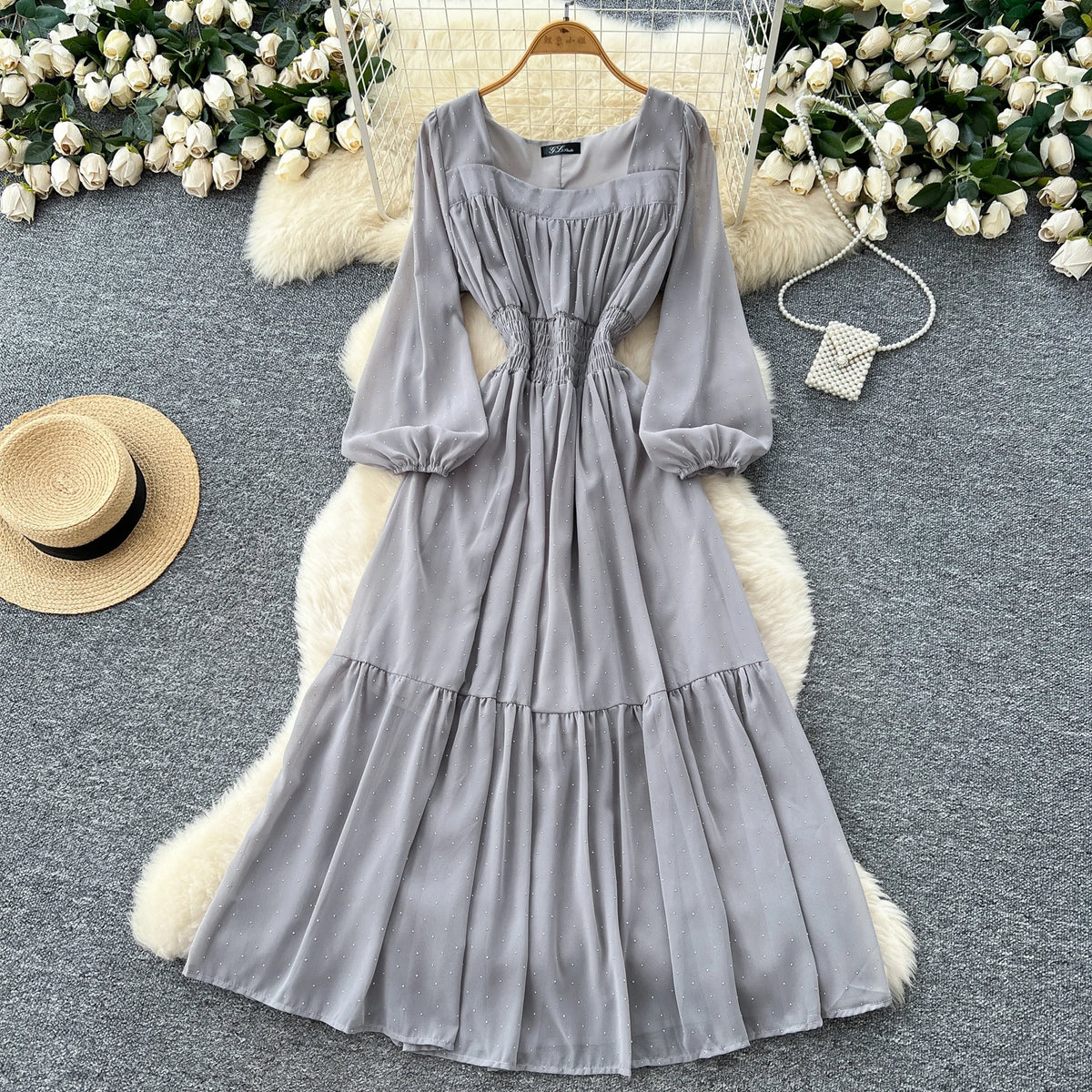 Rhinestone Square Neck A-Line Dress
