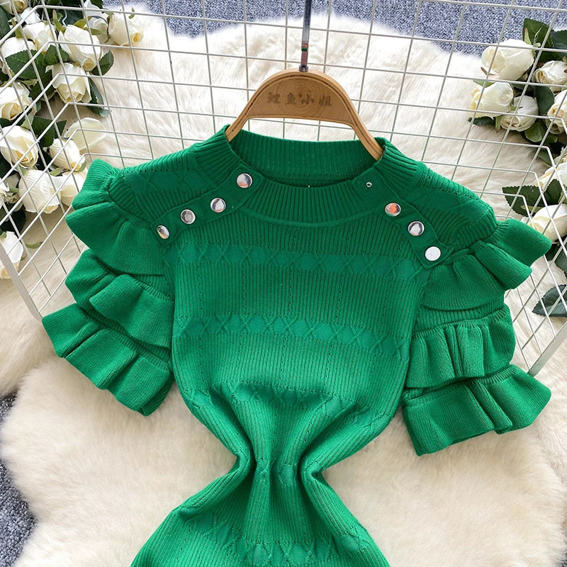 Metal Button Ruffle Knit Dress