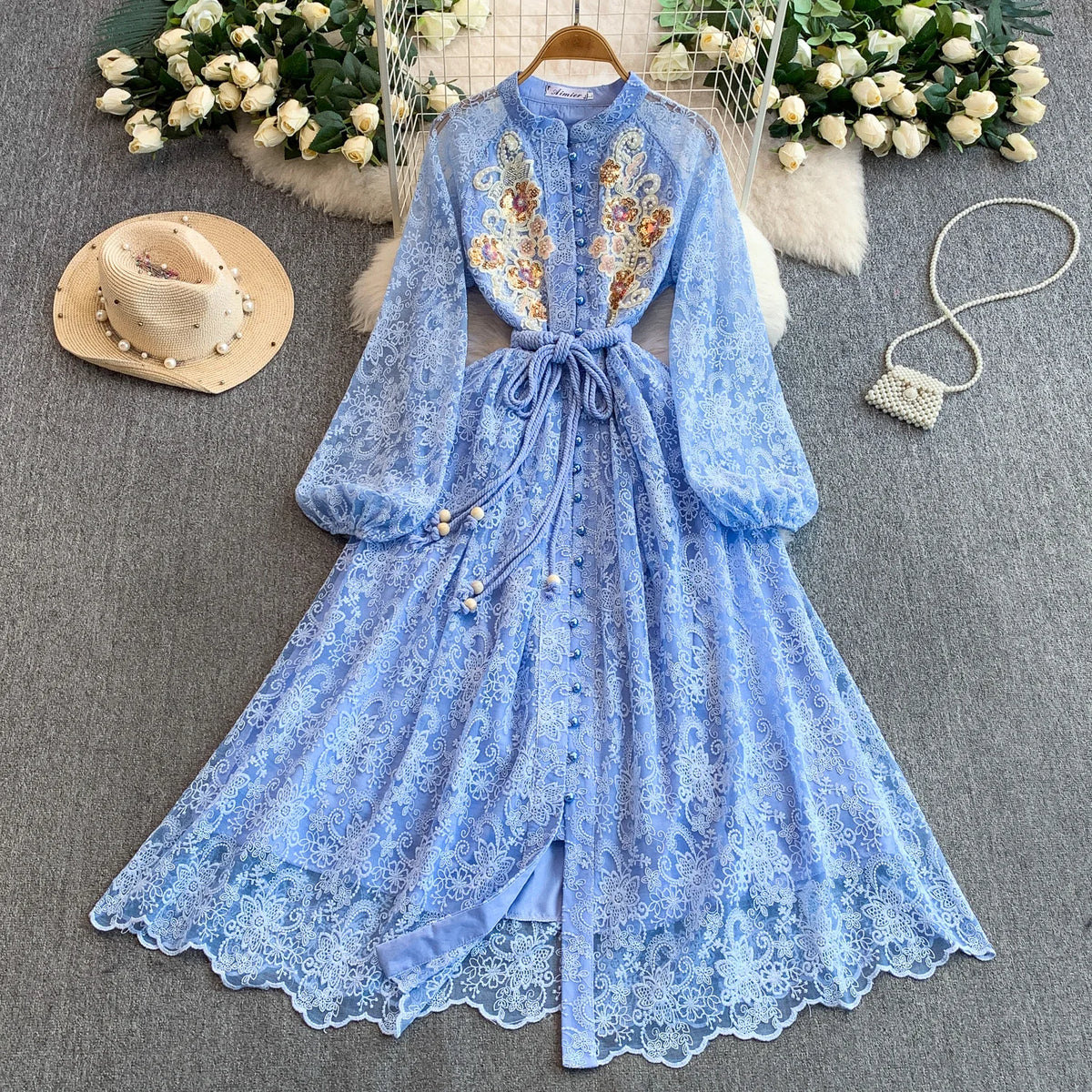 Sequin Embroidered Long Sleeve Maxi Dress