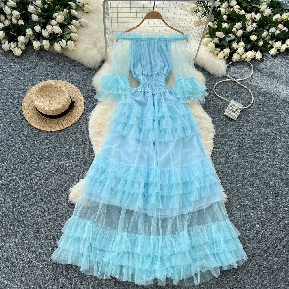 Pleated Mesh Flare Sleeve Dress