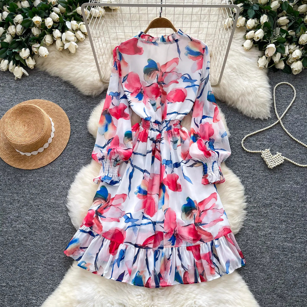 Ruched Chiffon Lantern Sleeve Midi Dress