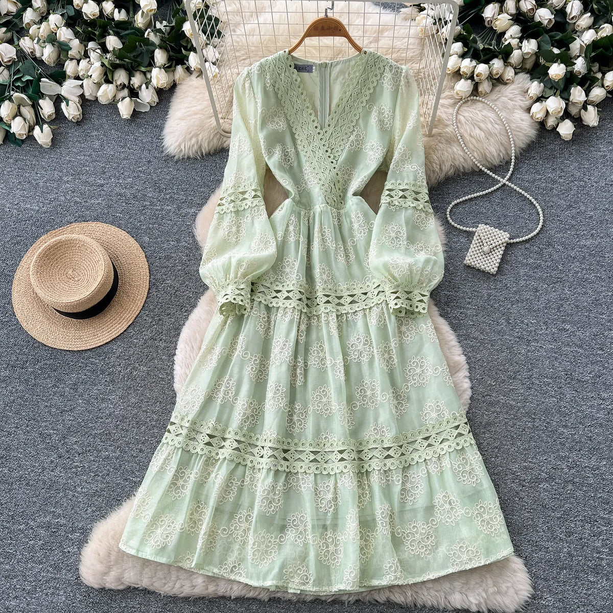 Embroidered Hollow Out Lantern Sleeve Midi Dress