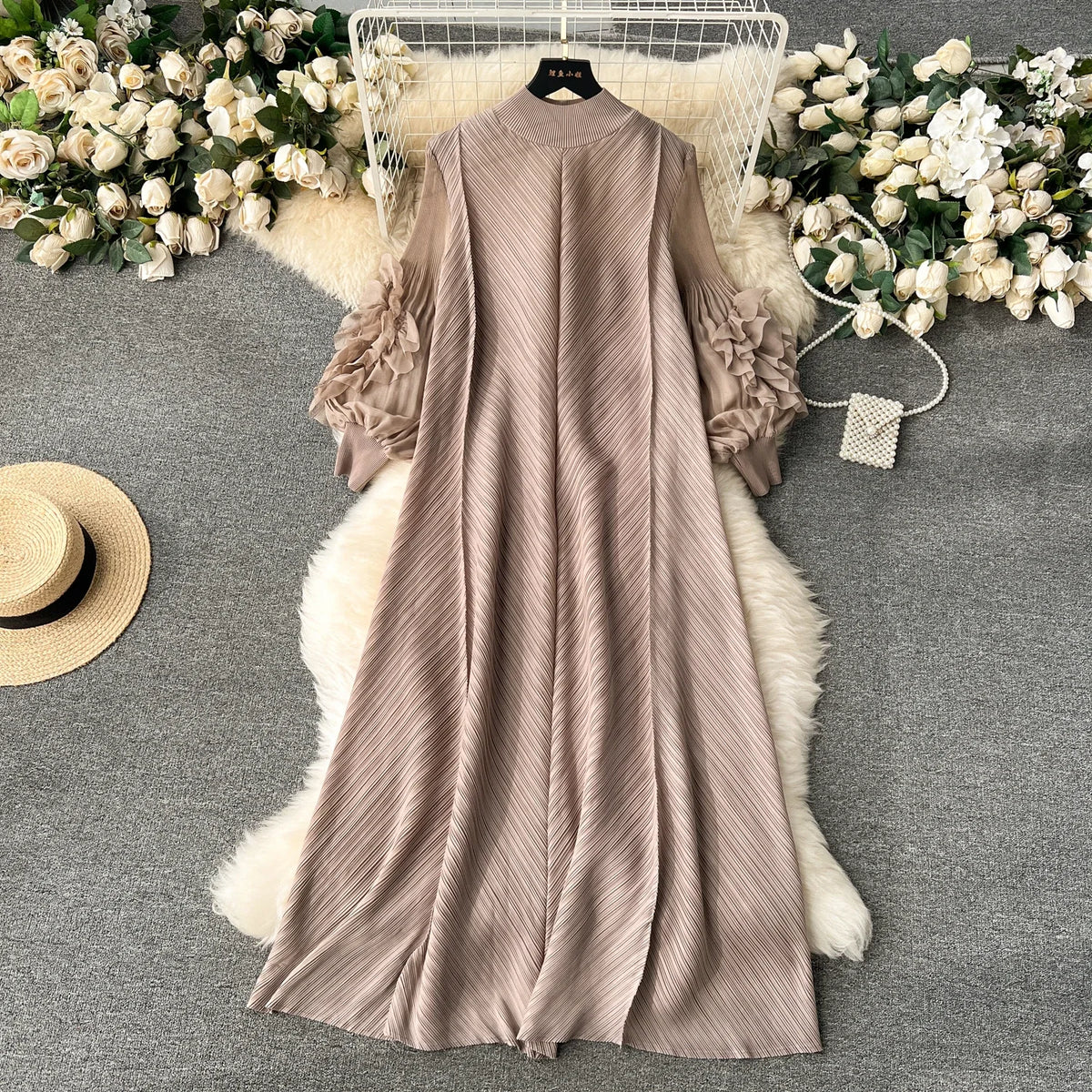 Pleated 3D Flower Loose Long Dress