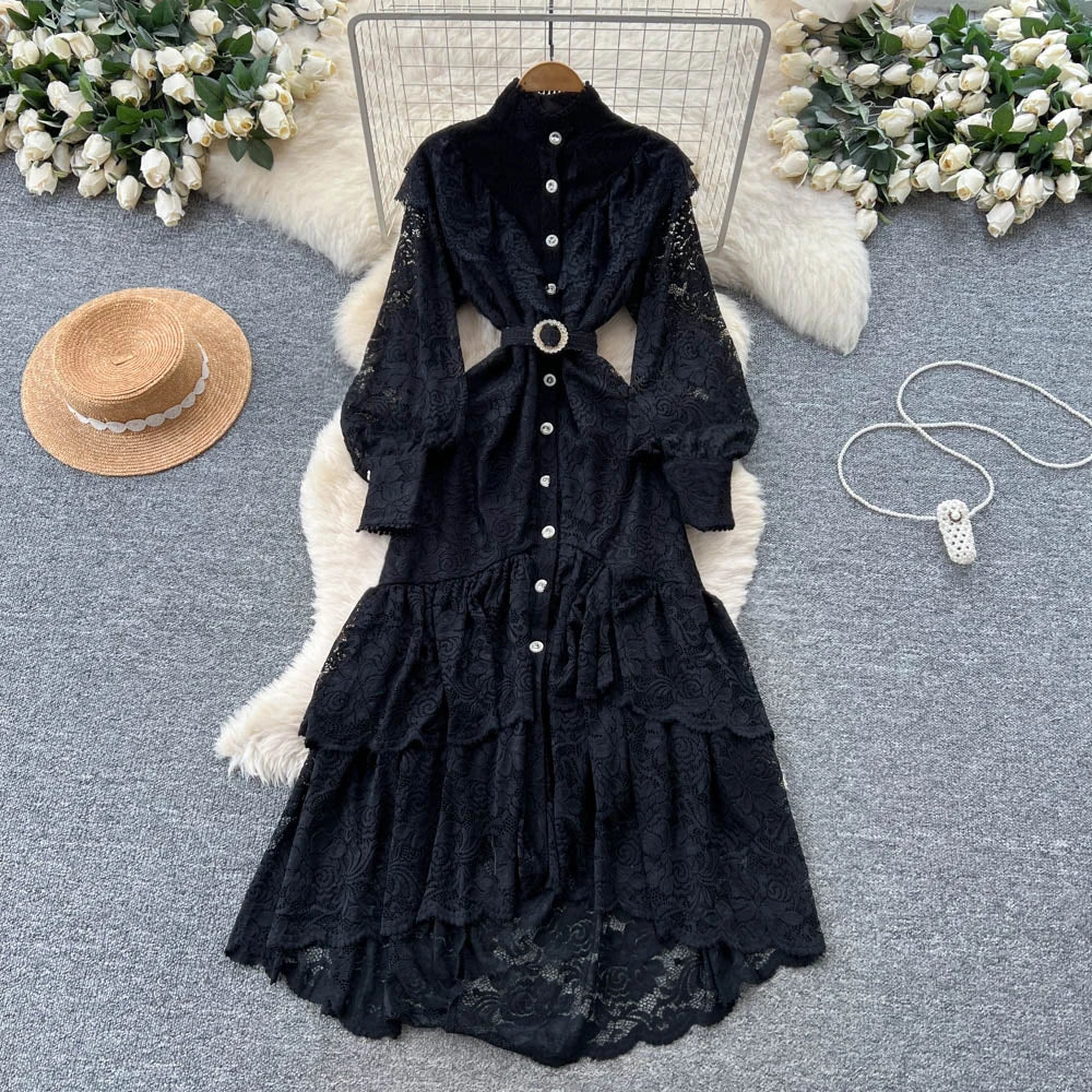 Lace Button Long Sleeve Fairy Dress