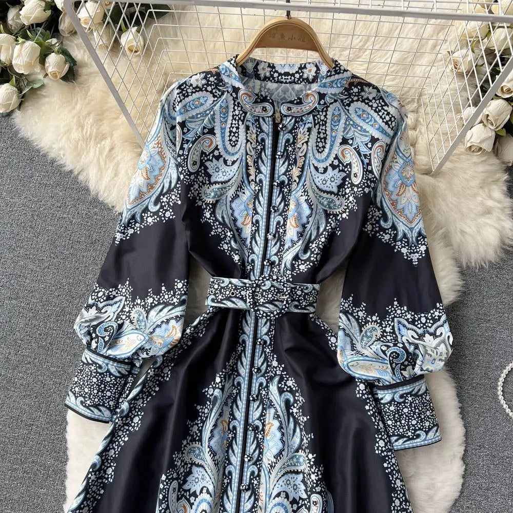 Belted Lantern Sleeve Maxi Shirt Dress