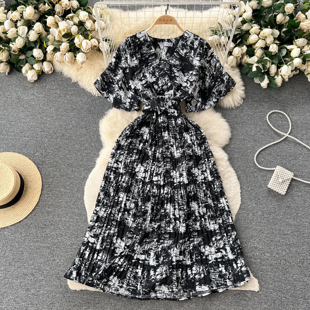 Tie Dye Chiffon V-Neck Dress