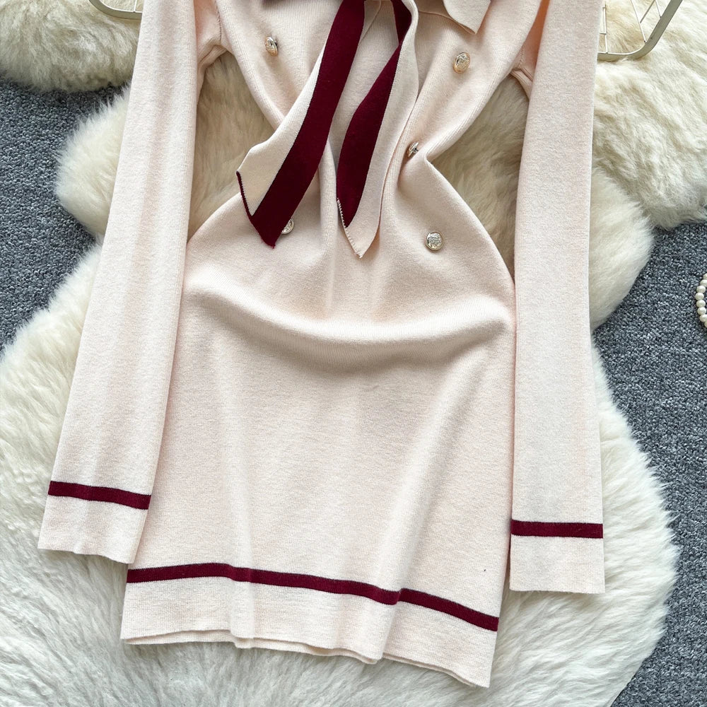 Vintage Bow V-Neck Knit Mini Dress