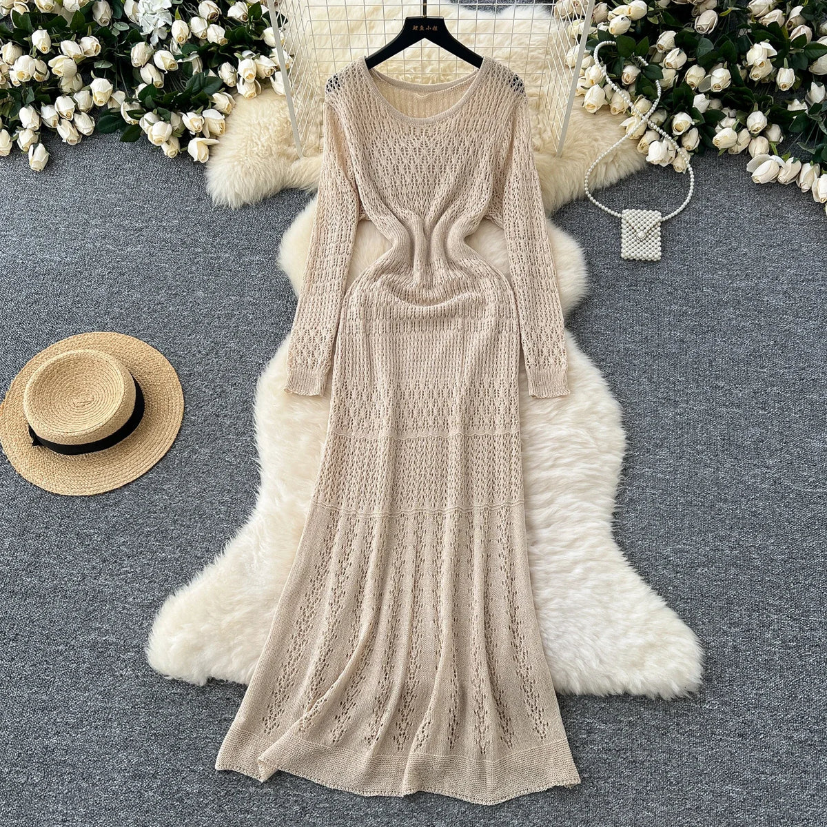 Openwork Knit Long Sleeve Dress