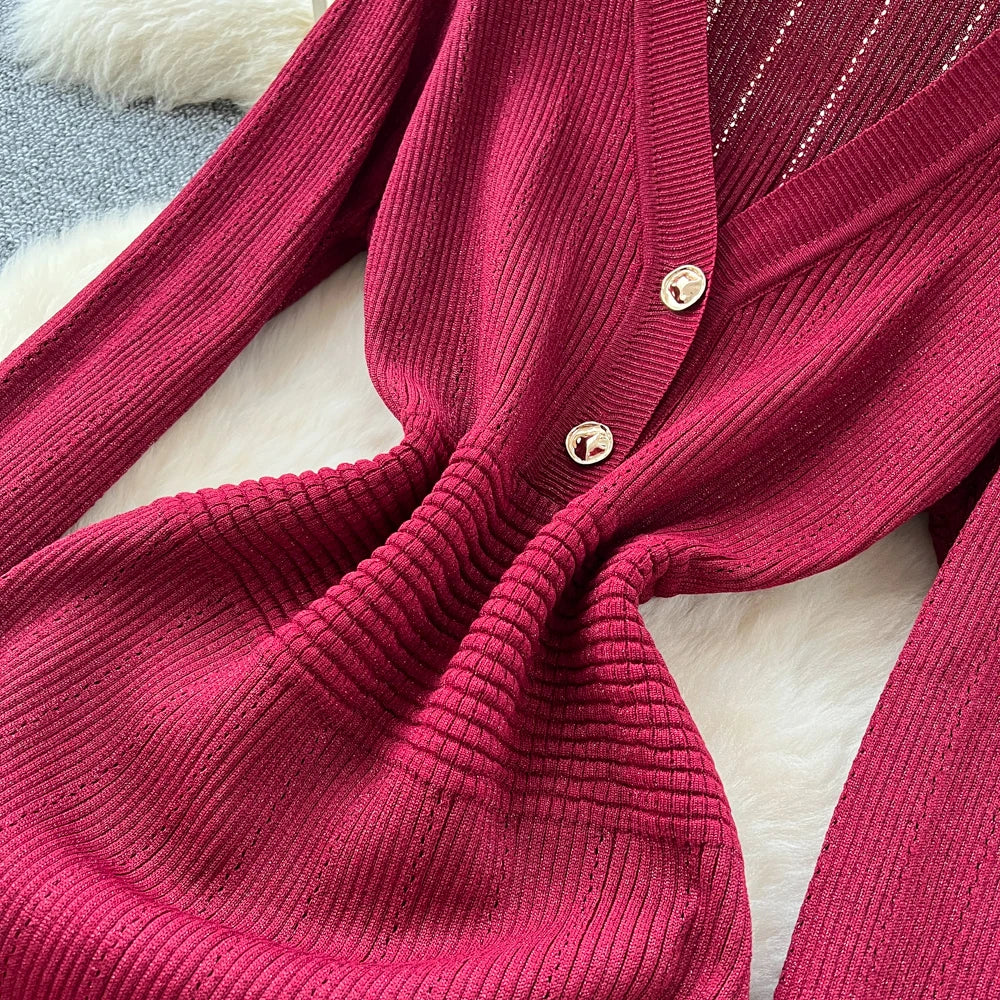 V-Neck Long Sleeve High Waist A-Line Dress