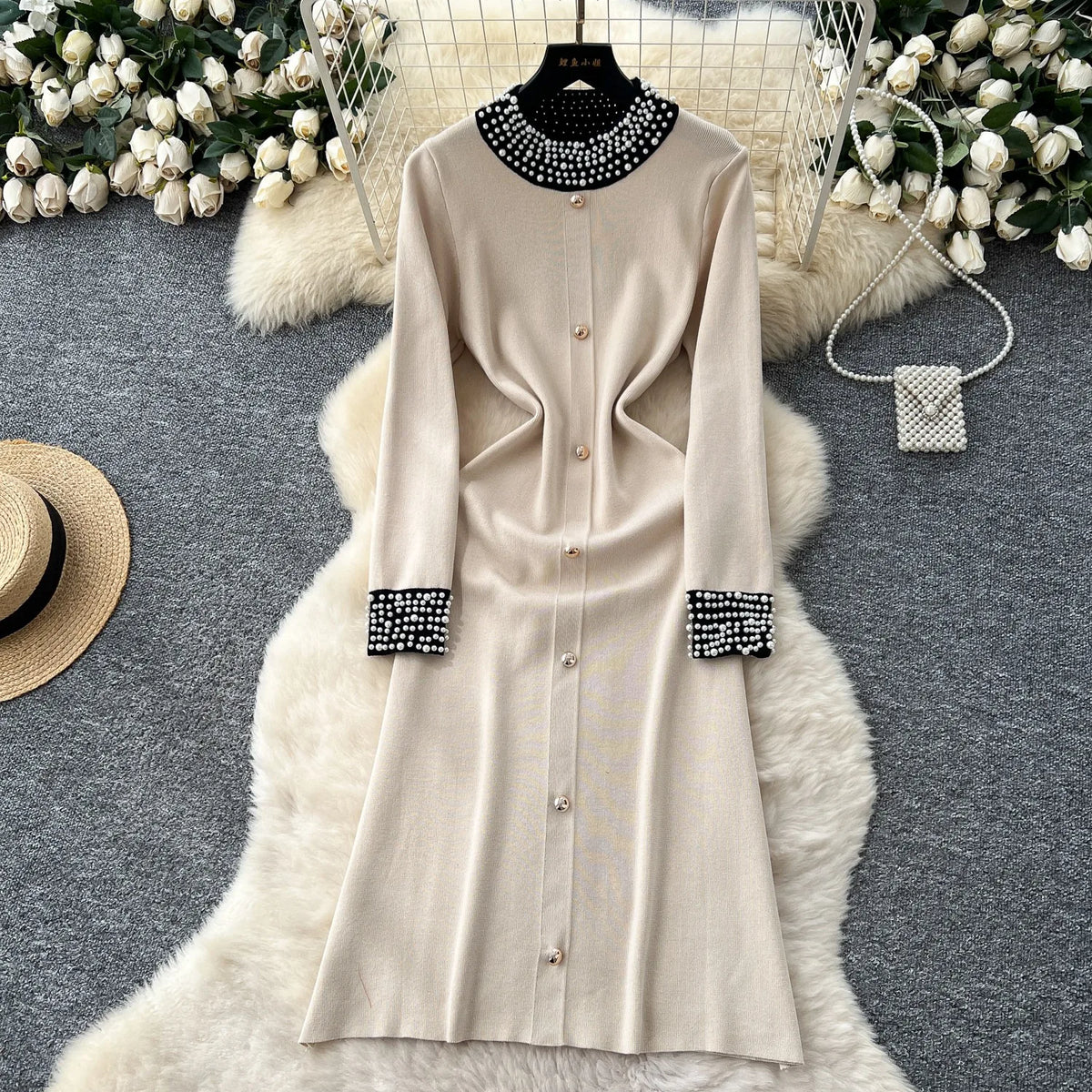 Pearl Crew Neck Knit A-Line Maxi Dress