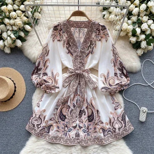 Print Puff Sleeve V-Neck Mini Dress