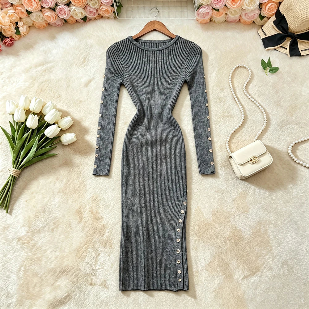 Black Shimmer Ribbed Button Sweater Dress