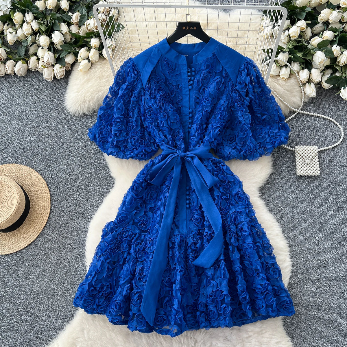 Floral Lace-Up Short Sleeve Party Dress