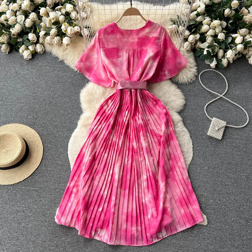 Tie Dye Chiffon V-Neck Dress