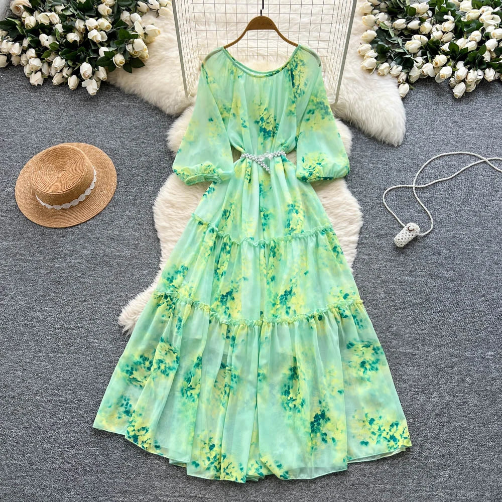 Beaded Print Puff Sleeve Maxi Dress