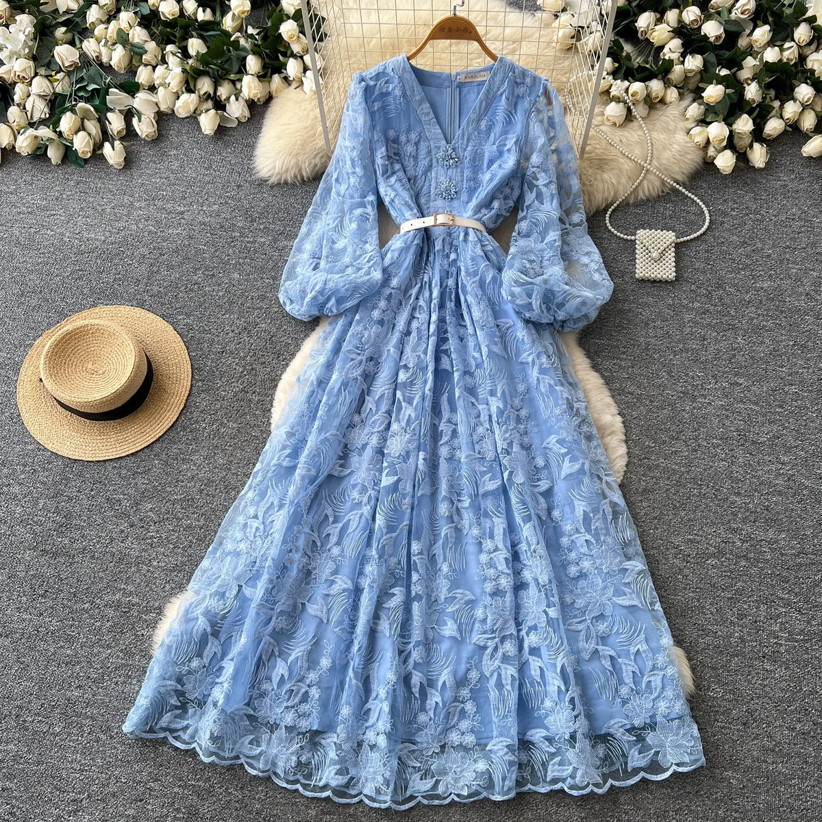 Lace Embroidered V-Neck Maxi Gown