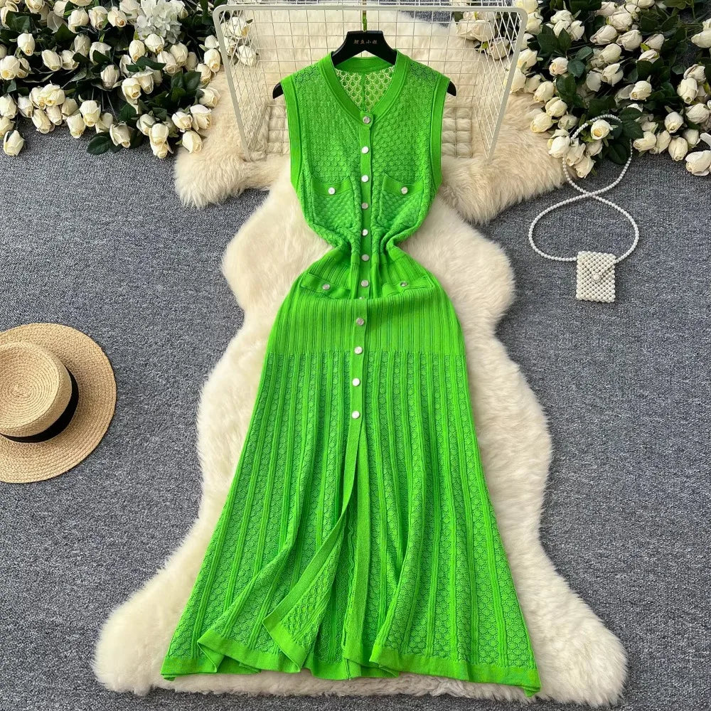 Crochet Knit V-Neck Sleeveless Long Dress