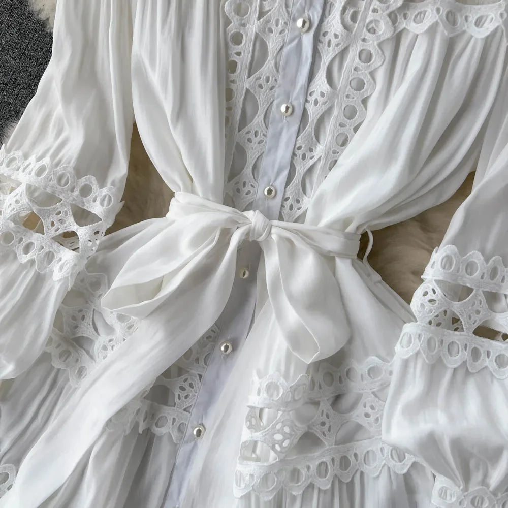 Lace Cutout Lantern Sleeve A-Line Dress