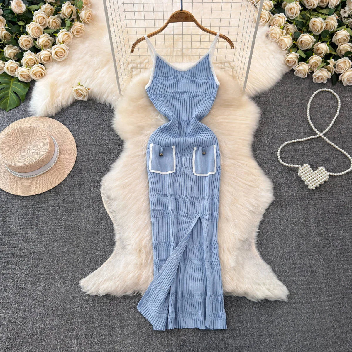 Split Spaghetti Strap Knit Maxi Dress