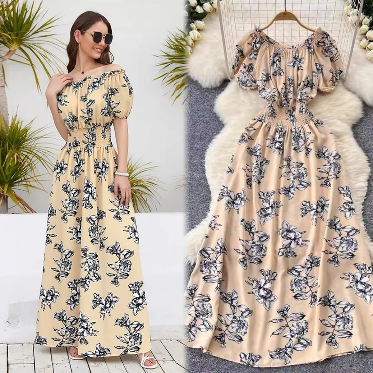 Floral Off-Shoulder Elastic Waist Maxi Dress