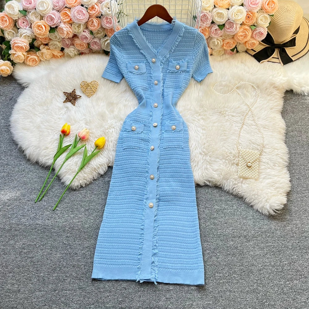 Pearl Button Knit Bodycon Dress
