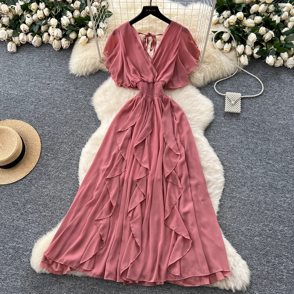 Criss-Cross Chiffon Short Sleeve Gown