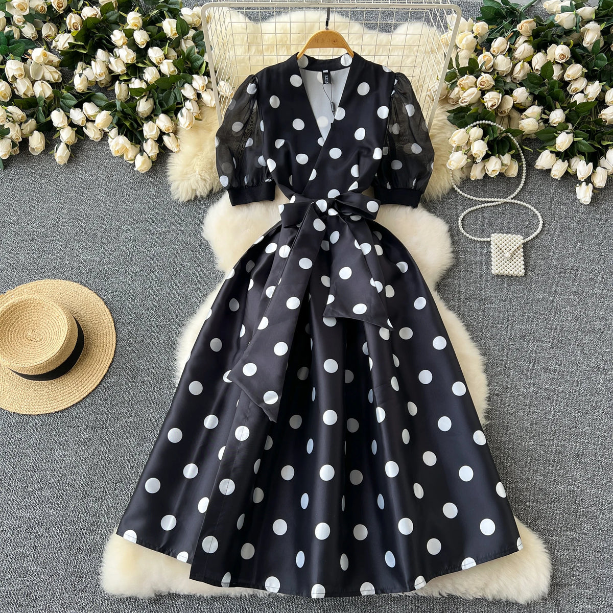 Polka Dot Pleated Short Sleeve A-Line Dress