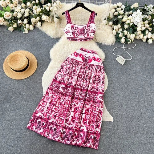 Print Off-Shoulder Top and Pleated Skirt Set