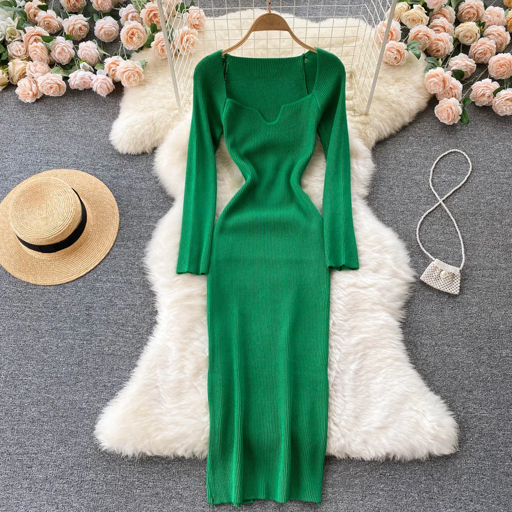 Slit Knit V-Neck Long Sleeve Bodycon Dress