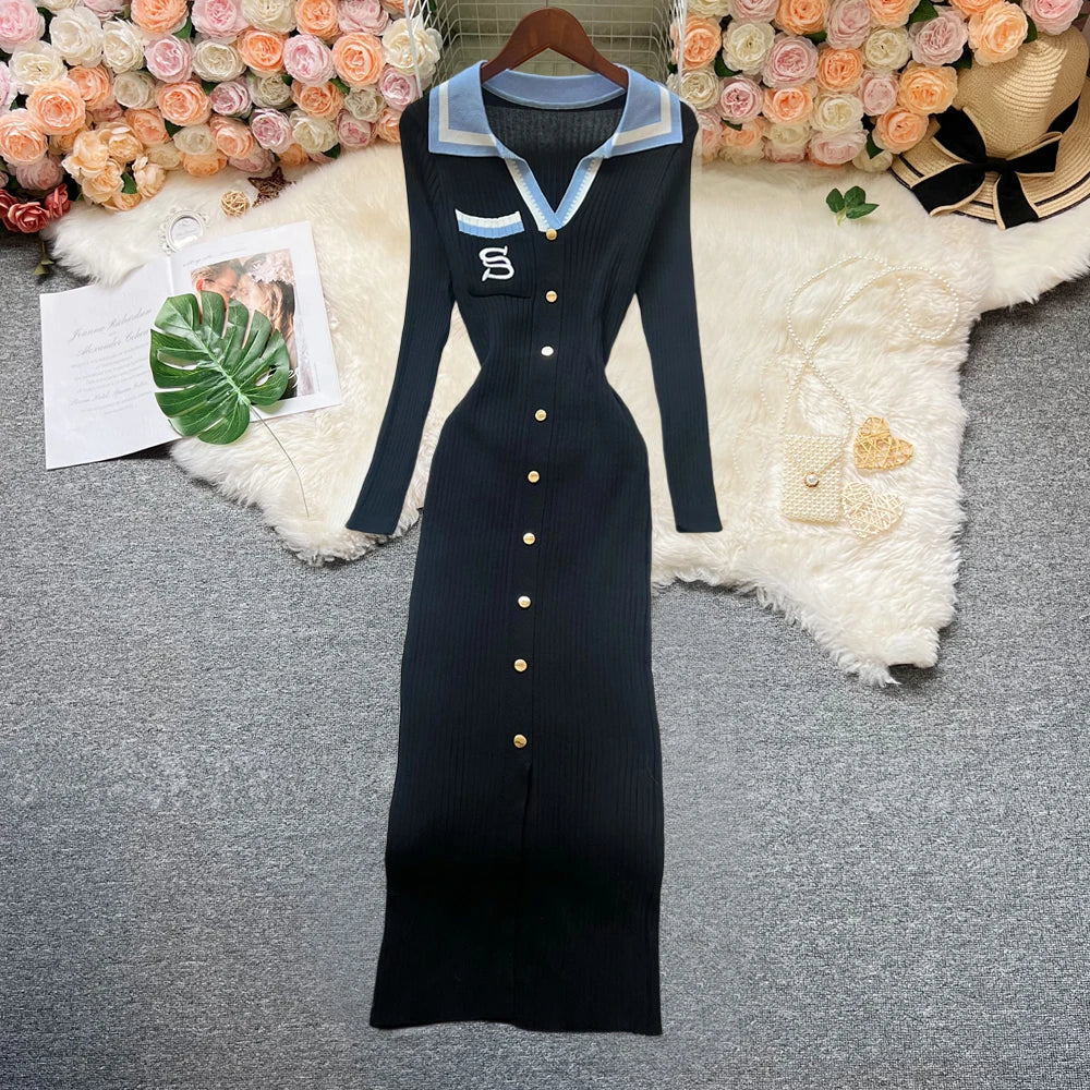 Embroidered Long Sleeve Knit Bodycon Dress