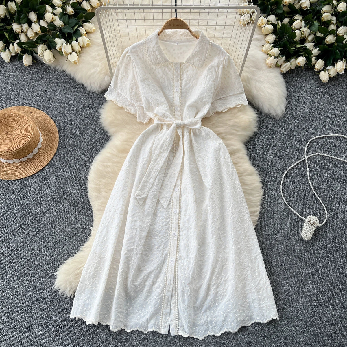Embroidered Polo Collar Puff Sleeve Dress