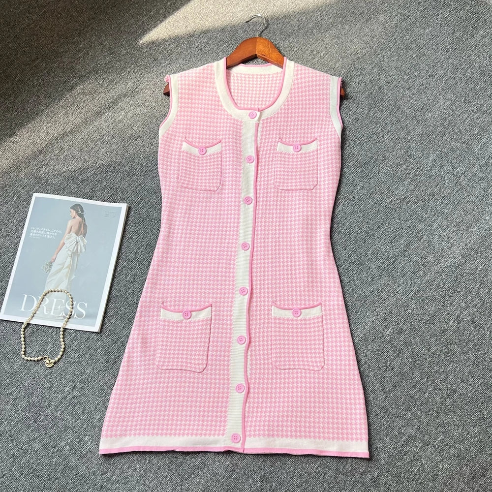 Sleeveless Button Knit A-Line Mini Dress