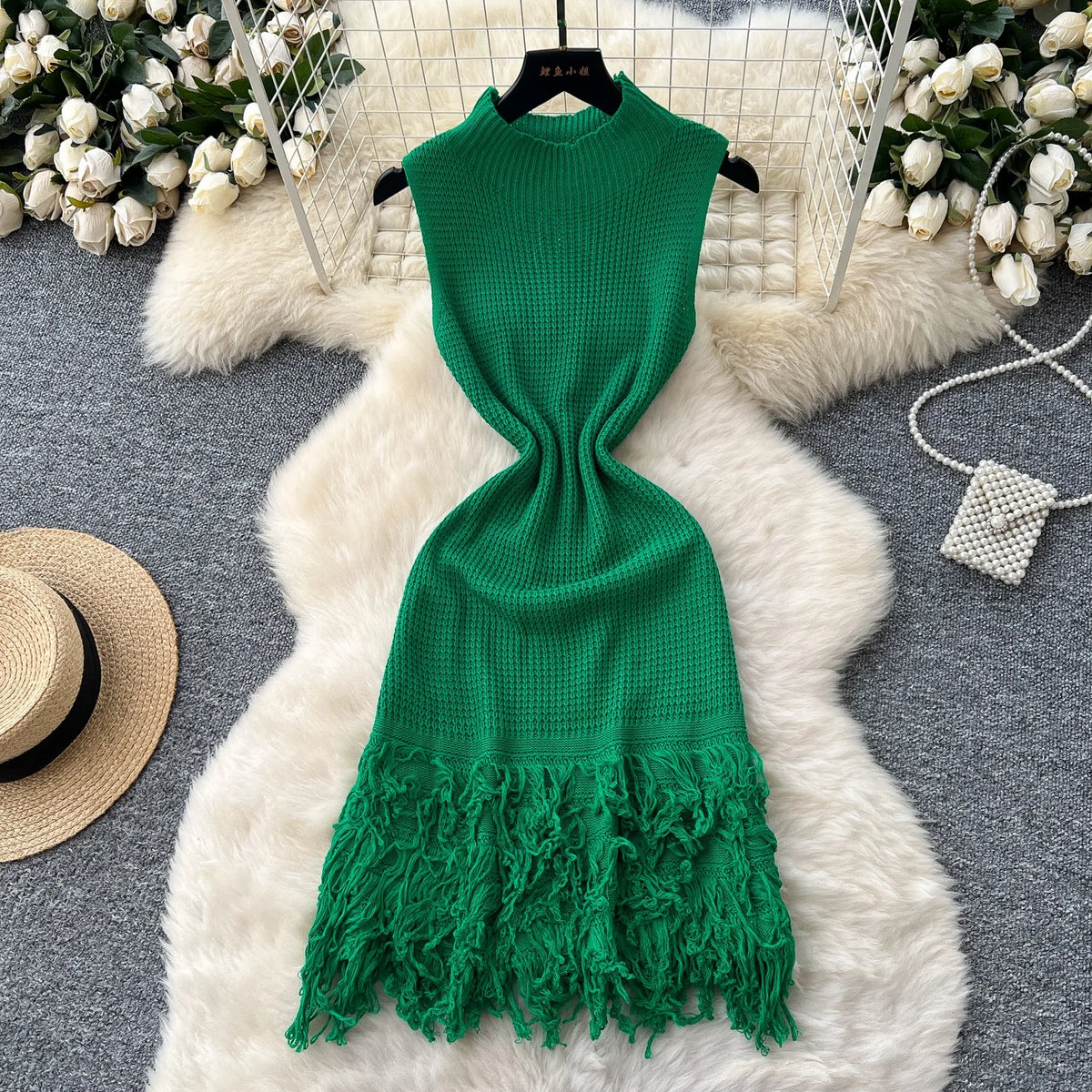 Tassel Sleeveless Knit Bodycon Mini Dress