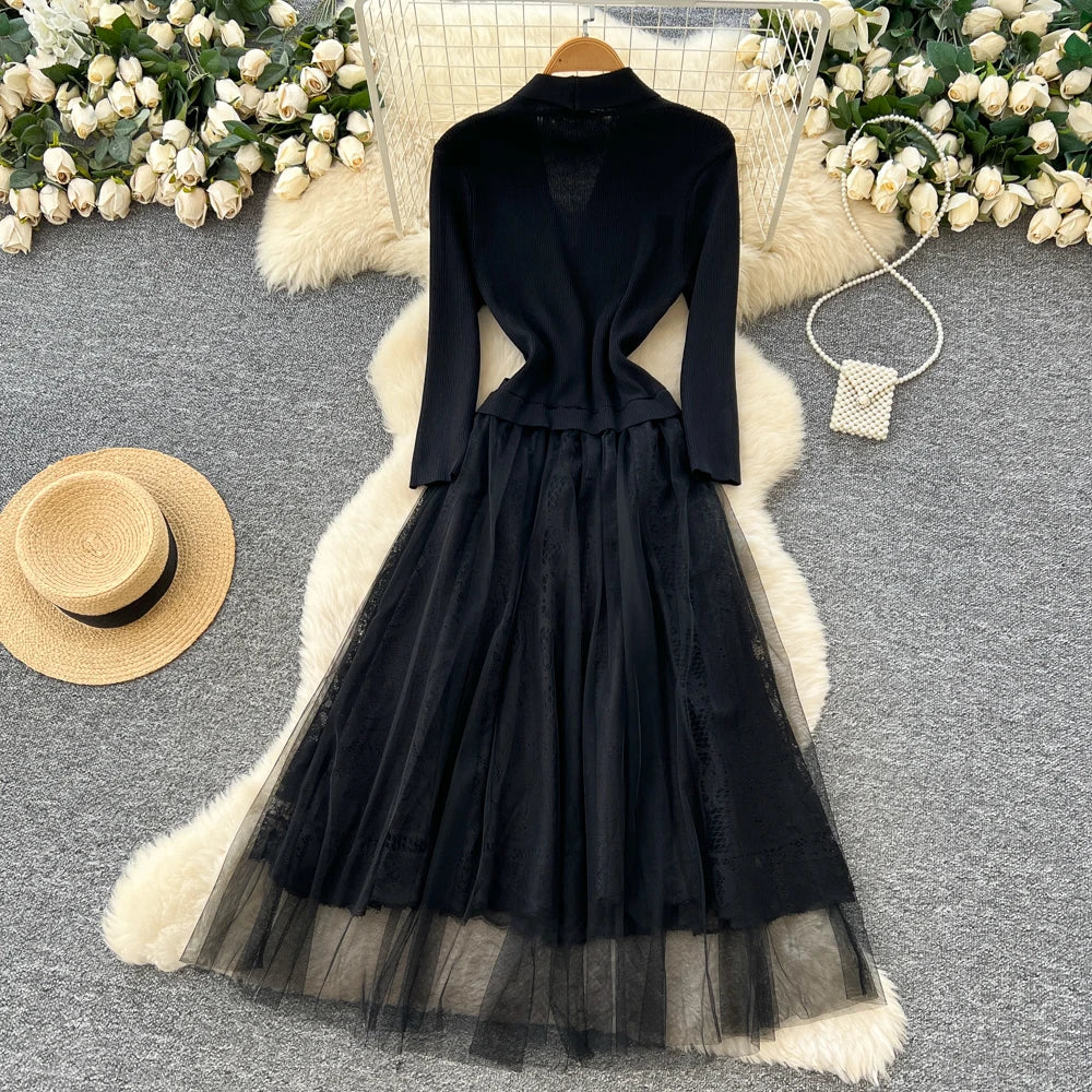Mesh Spliced Long Sleeve Vintage Dress