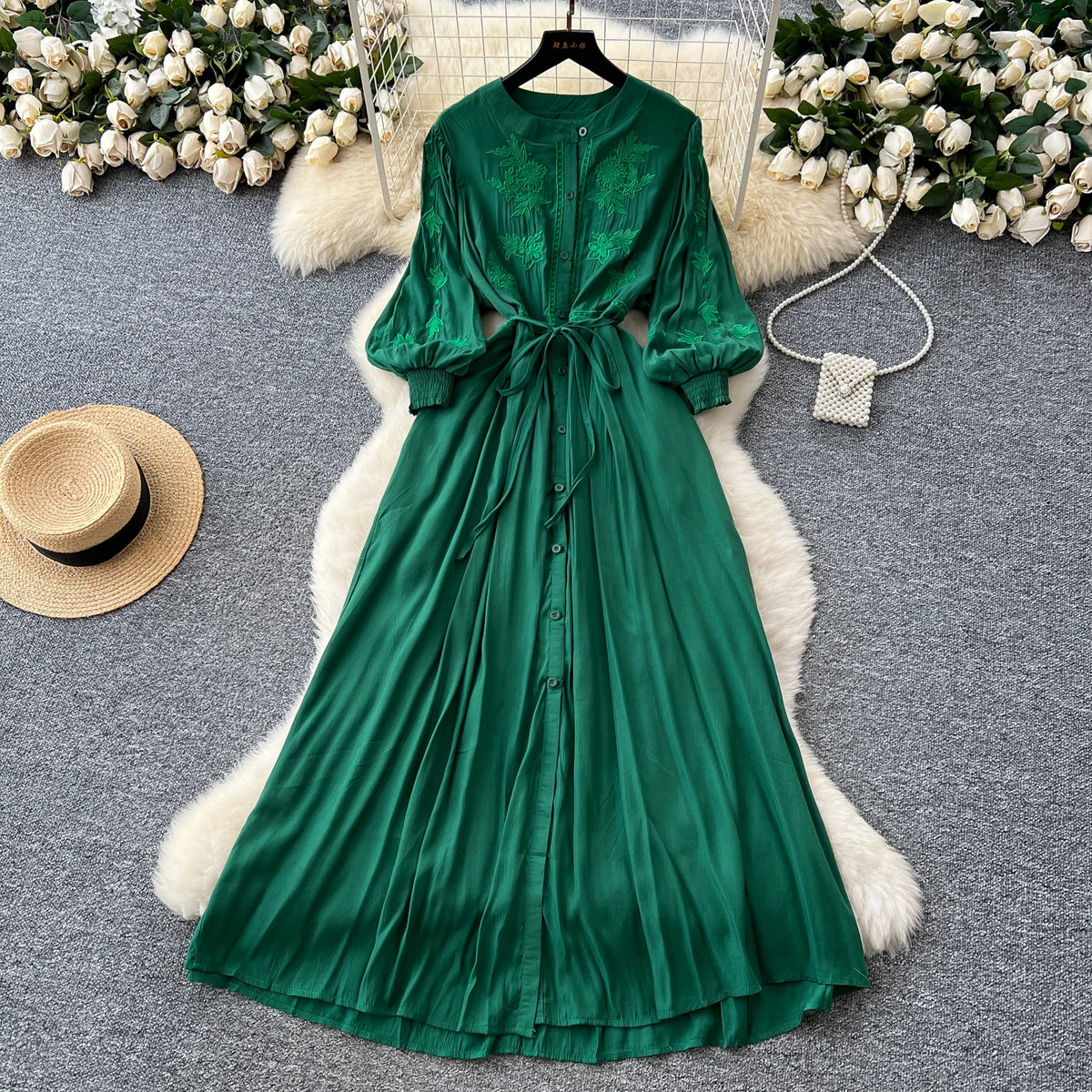 Embroidered Button A-Line Summer Dress