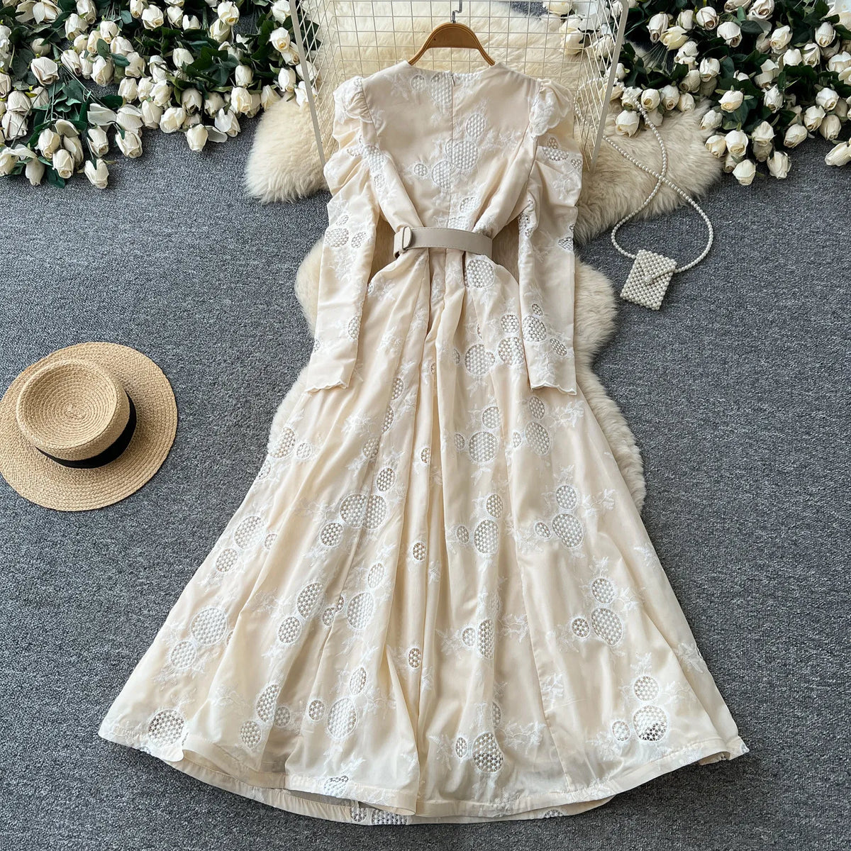 Peter Pan Collar Beaded Cutout Maxi Gown