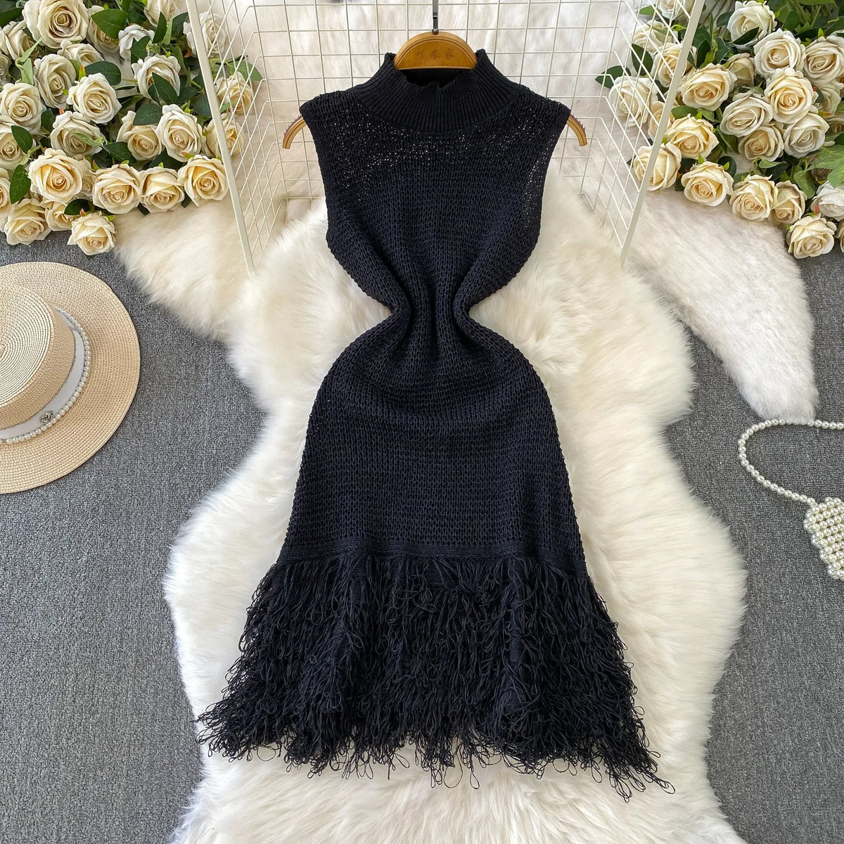 Turtleneck Tassel Bodycon Mini Dress