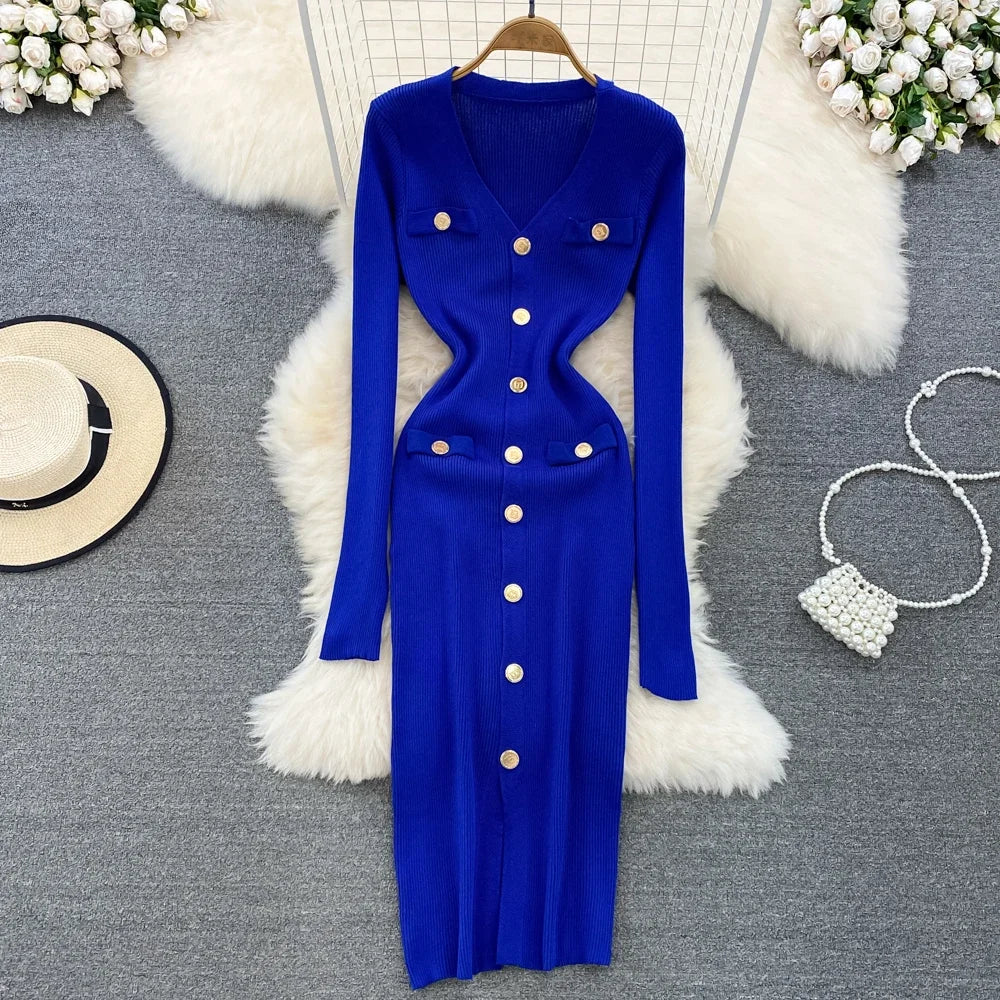 Split V-Neck Knit Bodycon Dress