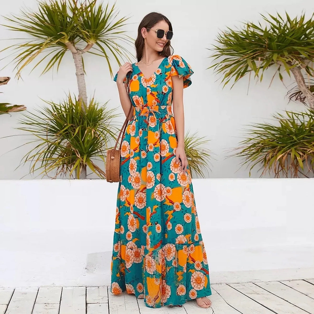 Floral V-Neck Boho Maxi Dress