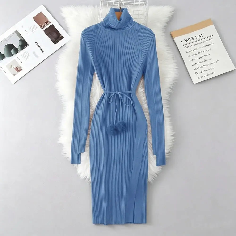 Chunky Turtleneck Knit Sweater Dress