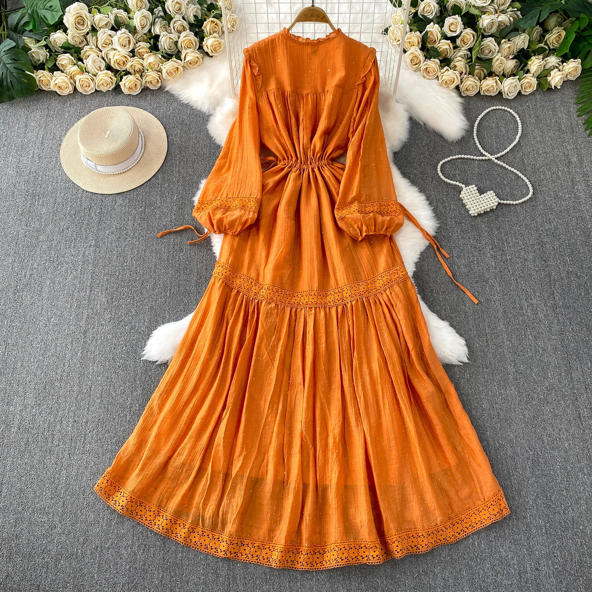 Rhinestone Lace Ruched Boho Long Dress