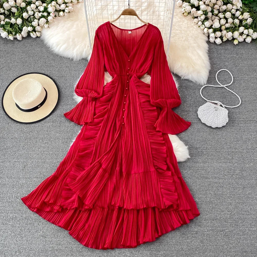Ruffle V-Neck Long Sleeve A-Line Maxi Dress
