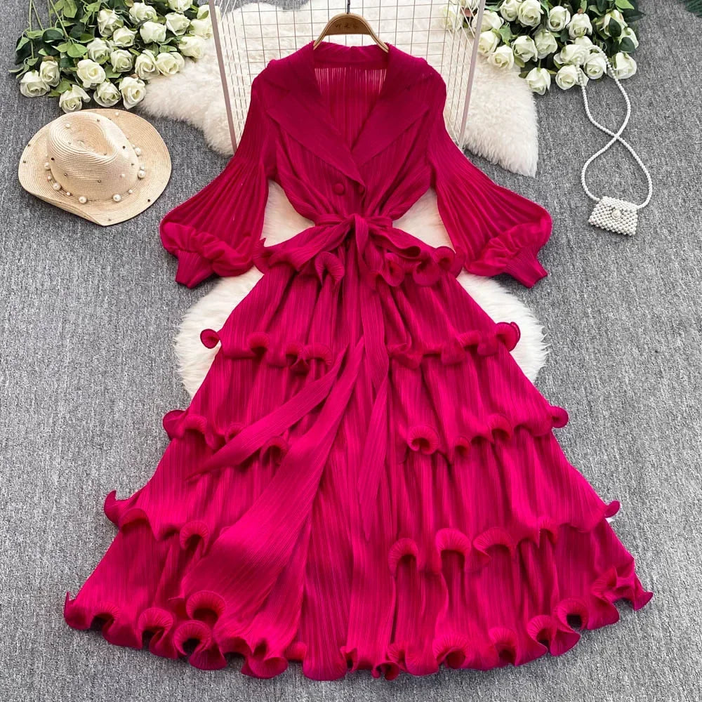 Notched Neck Ruffle Tiered A-Line Dress