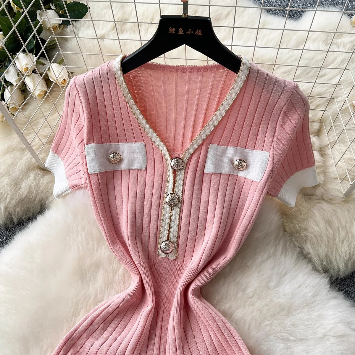 Buttoned Rib Knit Mermaid Party Dress