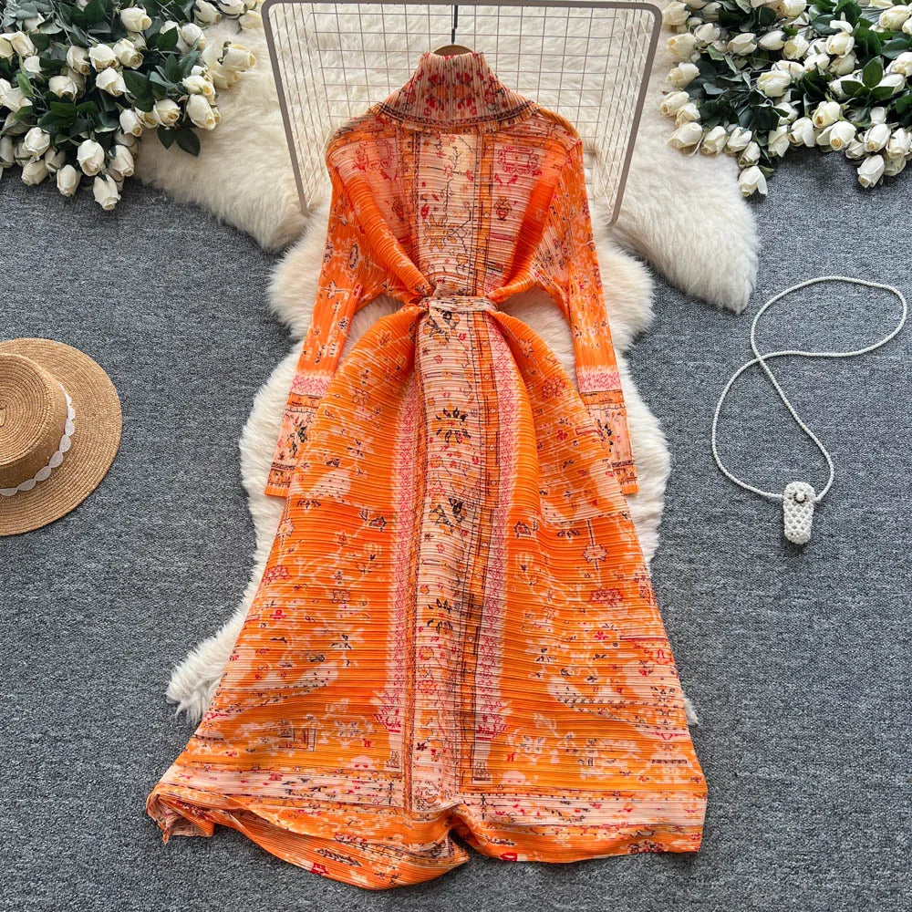 Ruched V-Neck Print Long Sleeve Dress